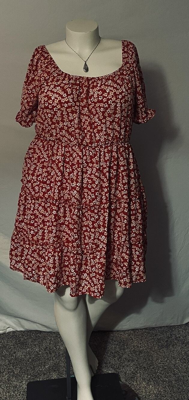 LIBERTY LOVE Red Floral Tiered Mini Dress Womens 2XL Square Neck Puff Sleeve